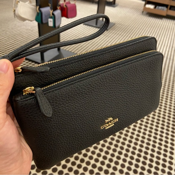 NWT - COACH Double Zip Wallet - Refined Pebble Leather - Gold/Black - Picture 6 of 15